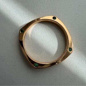Pretty Bird Jewelry Gold Geometric Square Ring Green Stones Statement Size 6
